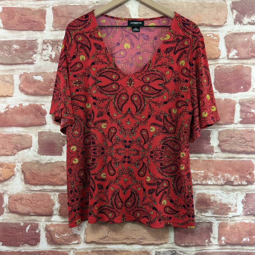 Liz Claiborne Career Top Women's XXL Red Boho Paisley Floral Stretchy Shirt